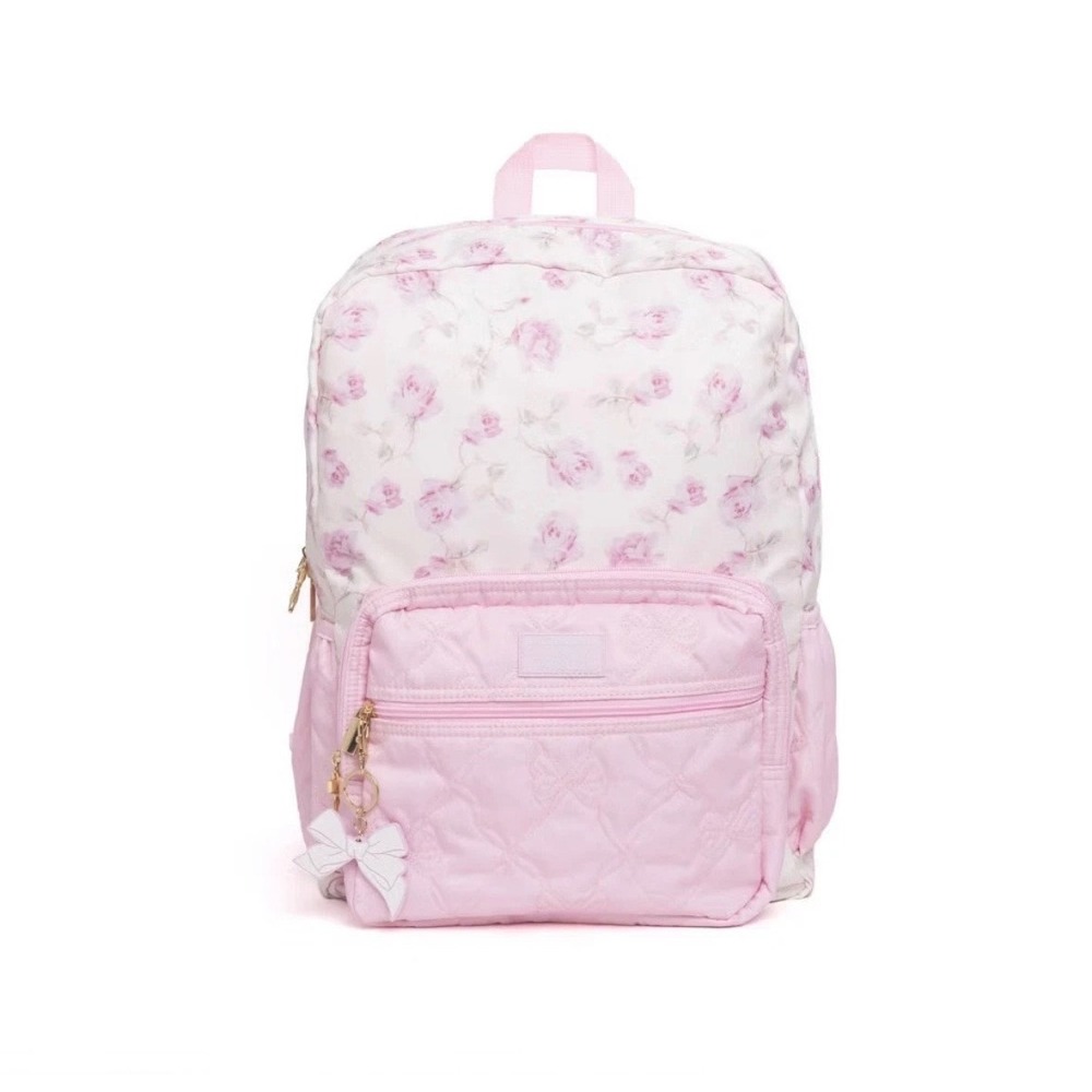 LoveShackFancy x Yoobi Pink Floral Quilted Bow Backpack with Laptop Sleeve